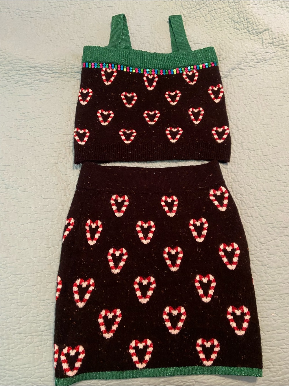 Women’s Black Heart Knit Tank and Skirt Set with Green Trim